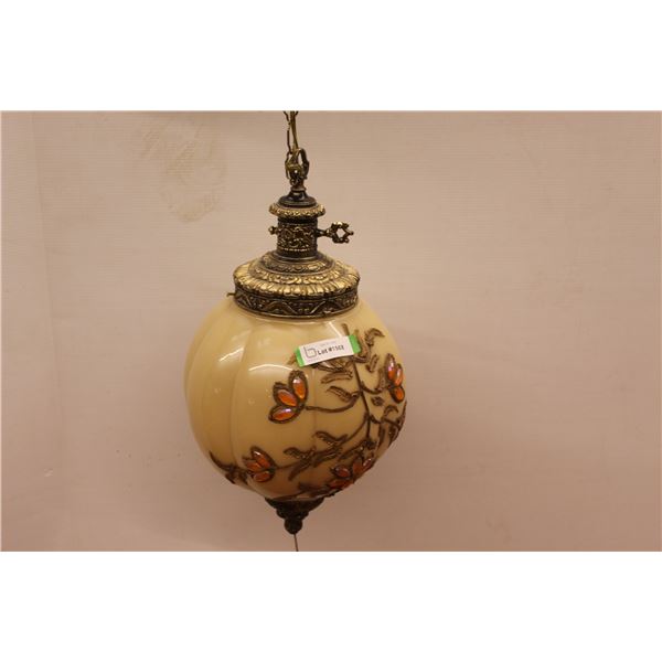 Hanging Brass Swag Light w/Glass Globe Decorated w/ Glass & Metal Leaves (paint inside of globe is s