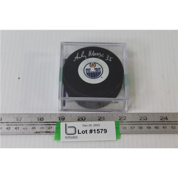 Oilers Andy Moog Signed Hockey Puck w/Certificate of Authenticity in Plastic Case