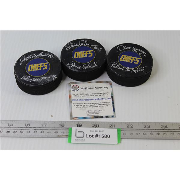 (3) Slapshot Movie Chiefs Signed Hockey Pucks