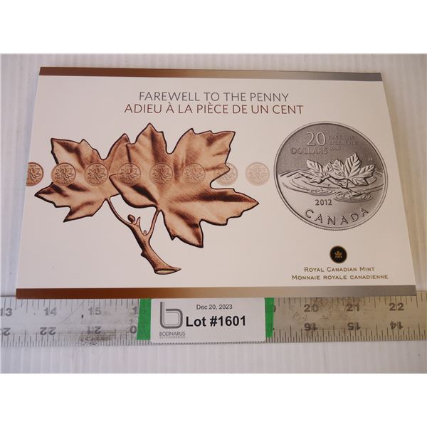 Royal Canadian Mint-Farewell to the Penny-2012 $20 Silver Coin