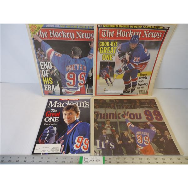 (4) Pieces of Literature on Wayne Gretzky Retiring-Hockey News, Macleans, Star Phoenix