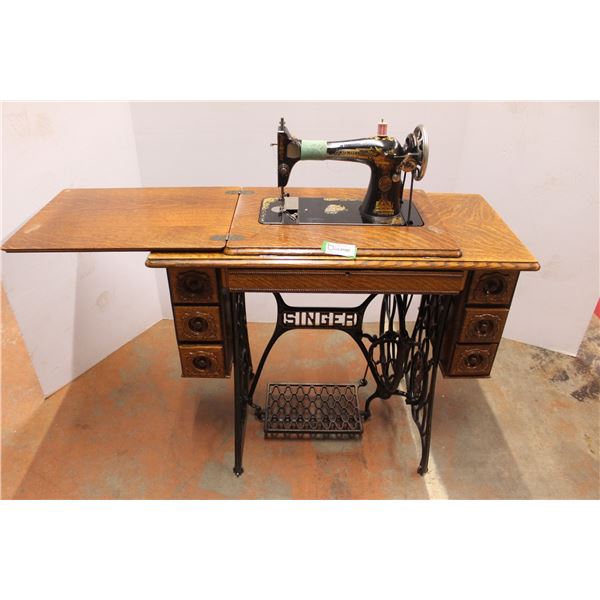 * Antique Singer Sewing Machine in Wheeled Cabinet