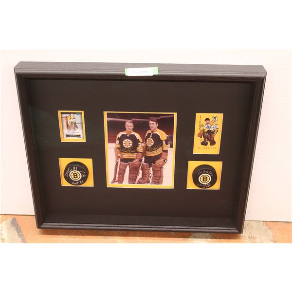 * Framed Boston Bruins Gerry Cheevers and Ed Johnston Signed Picture, Signed Trading Cards, and Sign