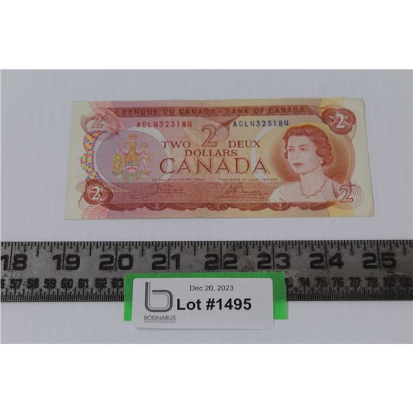 Canadian 1974 Two Dollar Bill Signed by Crowe & Bouey