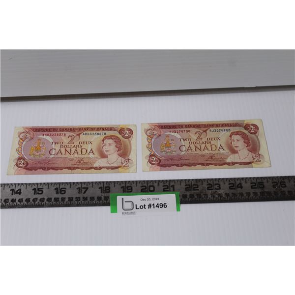 (2) Canadian 1974 Two Dollar Bill (2-Digit & 3-Digit) Signed by Lawson & Bouey