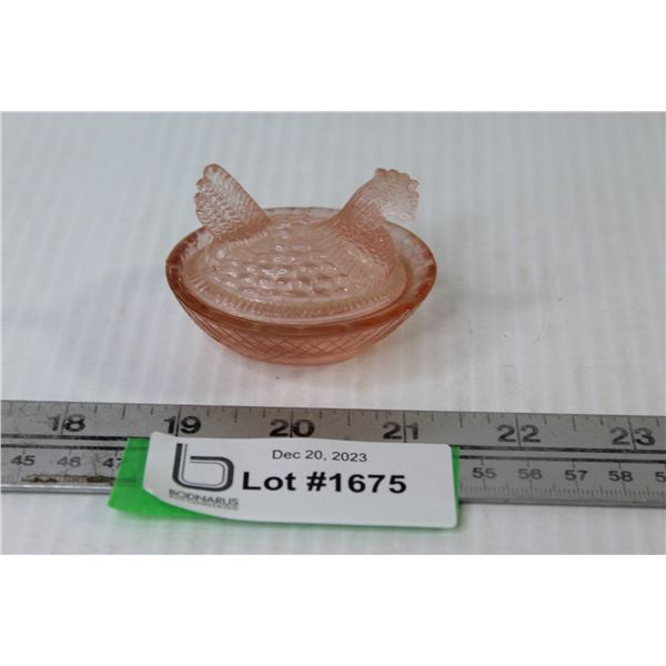 Pink Depression Glass 2 1/2" Hen in Basket