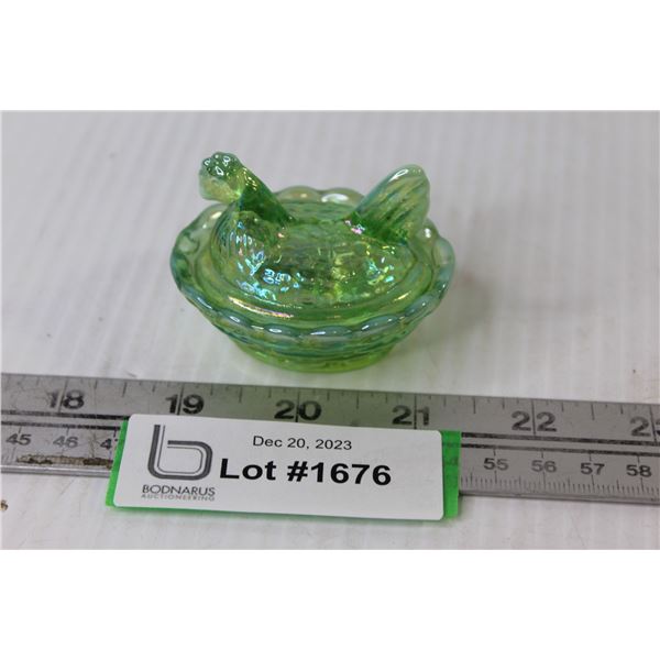 Green Iridescent Glass 2 1/2" Hen in Basket