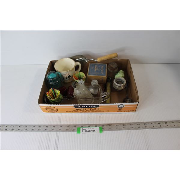 Toothpick Holders, Insulator, Sieve, Salt & Pepper Shakers, Coleman Lantern Pump, Measuring Glass, P