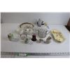 Image 1 : White Cream and Sugar Set, Decorative Floral Plate - Dresden Germany, Glass Pipe, Berry-Themed Tray