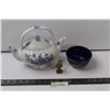 Image 1 : Dual Sectioned Teapot, Silver Sleeve Blue Glass Bowl, Dwarf Figurine