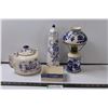 Image 1 : Blue & White Floral Set: Teapot, Candy Box, Pepper Shaker, Kerosene Lamp