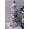 Image 6 : Blue & White Floral Set: Teapot, Candy Box, Pepper Shaker, Kerosene Lamp
