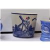 Image 4 : (3) Blue Winter Scene Mugs, (1) Expresso Mug, Windmill Theme Jar, Clay Jar w/Handle & Lid