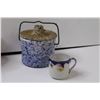 Image 5 : (3) Blue Winter Scene Mugs, (1) Expresso Mug, Windmill Theme Jar, Clay Jar w/Handle & Lid
