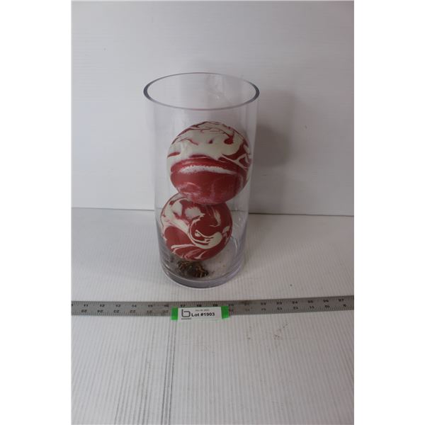 Glass Vase With (2) 5 Pin Bowling Balls
