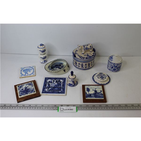 Assorted Blue Delft Ceramic Pieces - Salt Shaker - Lidded Cow Dish - Tiles