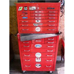 Double stack MAC tool chest  on wheels complete with large assortment of tools including open-end wr