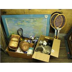 3 tennis rackets; box of camping cookware; 1 colorful print blue matted painting of abstract water; 