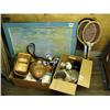 Image 1 : 3 tennis rackets; box of camping cookware; 1 colorful print blue matted painting of abstract water; 