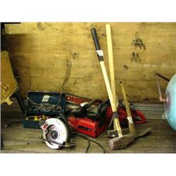 1 Skil saw 7-1/4" circular model #574; 1 sledge hammer; 1 pick axe; 1 club axe; 1 Homelite XL-12 cha