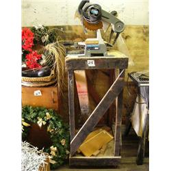 1 Dewalt 10-inch power miter box on wooden stand serial #73070386 with extra cutting blades (32)