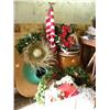 Image 1 : Assortment of Christmas decorations; 1 American flag on pole; assorted weaved baskets and hats; 1 wo