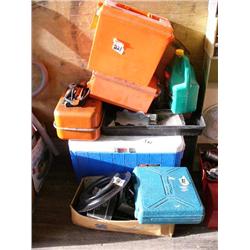 1 Makita cordless drill 9.6 volt with 1 battery case and charger; 1 Coleman Polylite Cooler; 1 box o