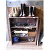 Image 1 : 1 2-shelf metal case rack; pair of Bunny boots size 11W; 2 pairs of rubber rain boots size 6 & 8 wit