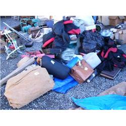 Large lot of camping and fishing equipment: tents; seats; coolers; camouflage chairs; large blue tar