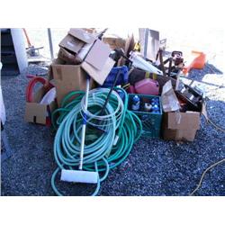 1 propane insect fogger; small lot of gas cans; 1 hand-crank fuel pump; lot of misc. hand tools, dri
