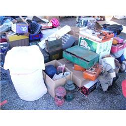 Large lot of: ammo boxes; 1 Coleman fuel stove; 2 Coleman lanterns; 1 roll egg crate bedding materia