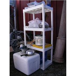 1 4-tier plastic shelf with various household fixtures; 1 crock pot; various camping cookware; 1 Omr