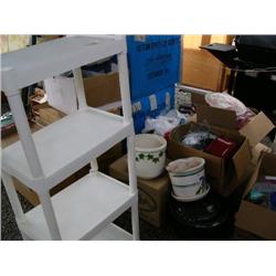 Large lot of paper products; 1 large spaghetti pot; 2 clay flower pots; 1 plastic shelf (36)