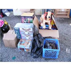 Lot of: board games; children's toys; 3 ceiling fans new in box; outdoor low voltage landscape light