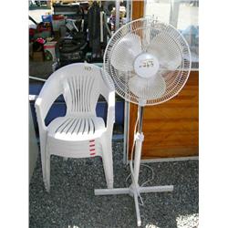 4 Rubbermaid white chairs; 1 rotating fan; 1 2-drawer metal file cabinet (36)
