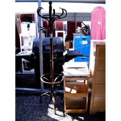 1 Brother AX-450 electric typewriter; 1 3-shelf end table; 1 wooden coat rack (36)