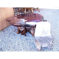 1 cross-section tree top table; 1 hand-carved small tree trunk chair (36)