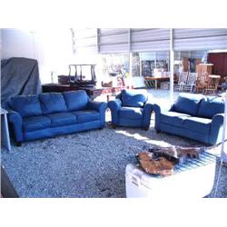 3-piece blue leather living room set- couch loveseat chair (2)