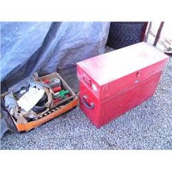 2 red metal tool boxes; 1 box assorted drill bits; 1 lift kit for Bobcat (31)