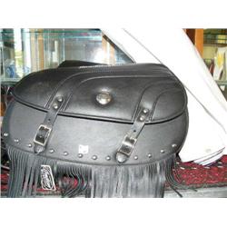 Pair of black leather Indian Motorcycle saddle bags with frills, value at $1,000; 1 vinyl Indian Mot