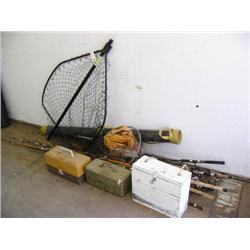 Lot of fishing equip. including rods, reels, nets, tackle boxes (36)