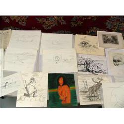 Old West Gunlsinger pen and ink drawing by Charlie Russell; pencil drawing of 2 walruses in ice floe