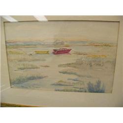 Original watercolor by Johaznne B. Clumpner image size 7"x11" of a couple of boats and a beach house