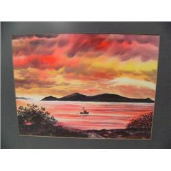 Original watercolor by Mark Wheeler 14"x19" of fishing boat on Cook Inlet at sunset; pen and ink dra