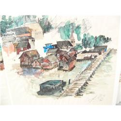 Lot of 4 original watercolors by Benjamin Downs: fishing village; Valdez sheet metal and plumbing; S