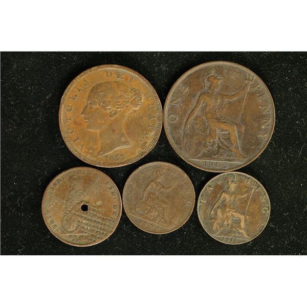 5 GREAT BRITAIN COINS: 1853 FARTHING (DAMAGED),