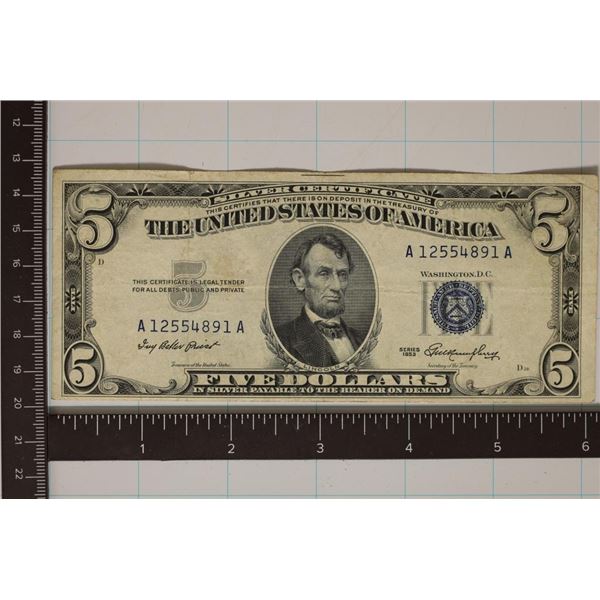 1953 US $5 SILVER CERTIFICATE BLUE SEAL