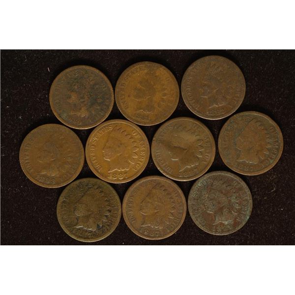 10 ASSORTED INDIAN HEAD CENTS: 1880, 1881, 1882,