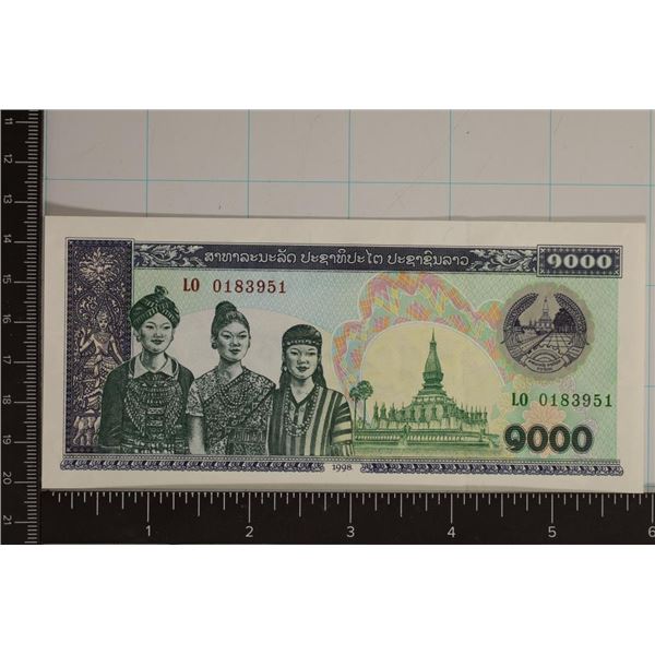 1998 LAOS 1000 KIP CRISP UNC COLORIZED BILL