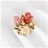 Image 3 : Vintage 14K Yellow Gold Carved Coral Rose Flower Bouquet Ribbon Cocktail Ring
